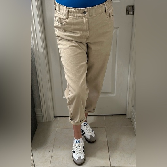 H&M Paperbag Waist Mom Jeans Barrel leg size 14 Khaki Denim - Picture 1 of 5